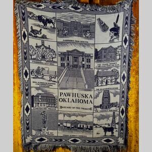 VTG Pawhuska Oklahoma Tapestry Throw Osage County NAVY BLUE 45x64, Fringe READ
